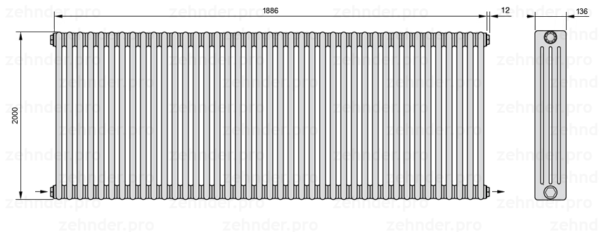 Схема (чертеж) Радиатор Zehnder Charleston 4200/41 №2670 Белый глянцевый RAL 9016